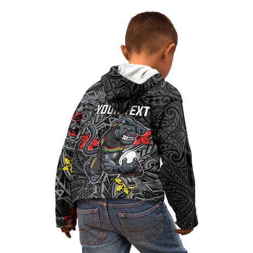 Personalised Penrith Panthers Kid Hoodie Polynesian Tribal Pattern With Rugby Panther Mascot Art