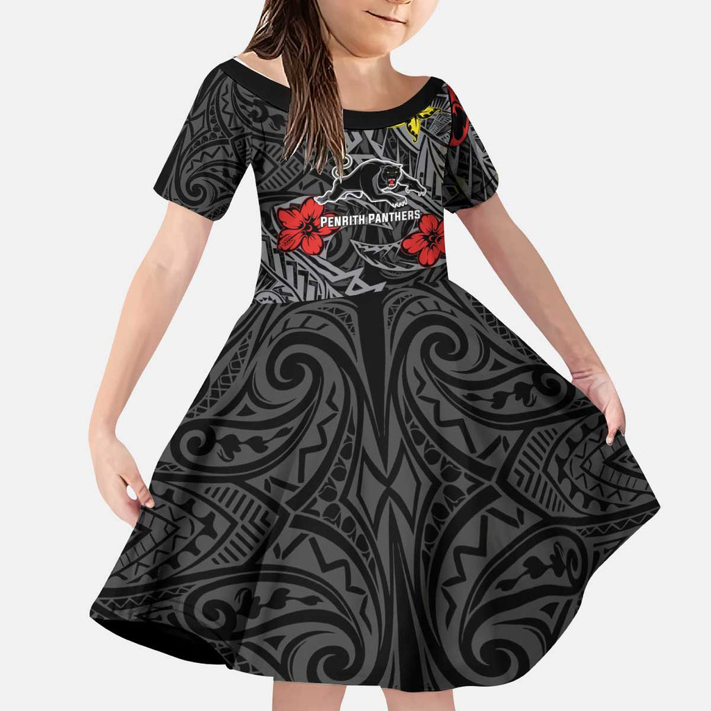 Personalised Penrith Panthers Kid Short Sleeve Dress Polynesian Tribal Pattern With Rugby Panther Mascot Art