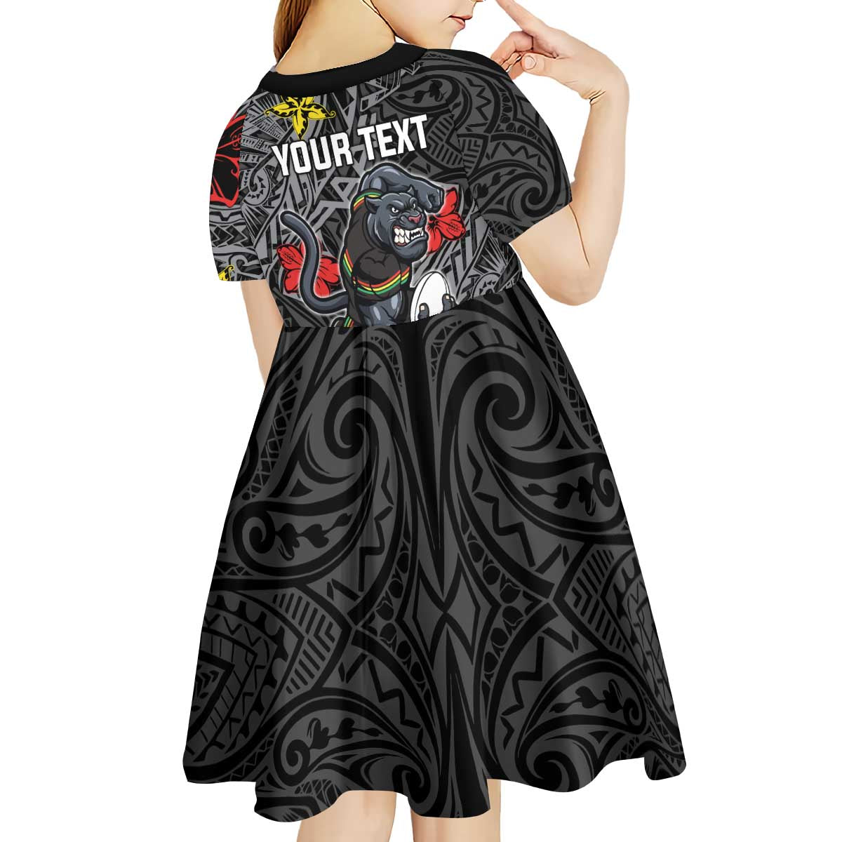 Personalised Penrith Panthers Kid Short Sleeve Dress Polynesian Tribal Pattern With Rugby Panther Mascot Art