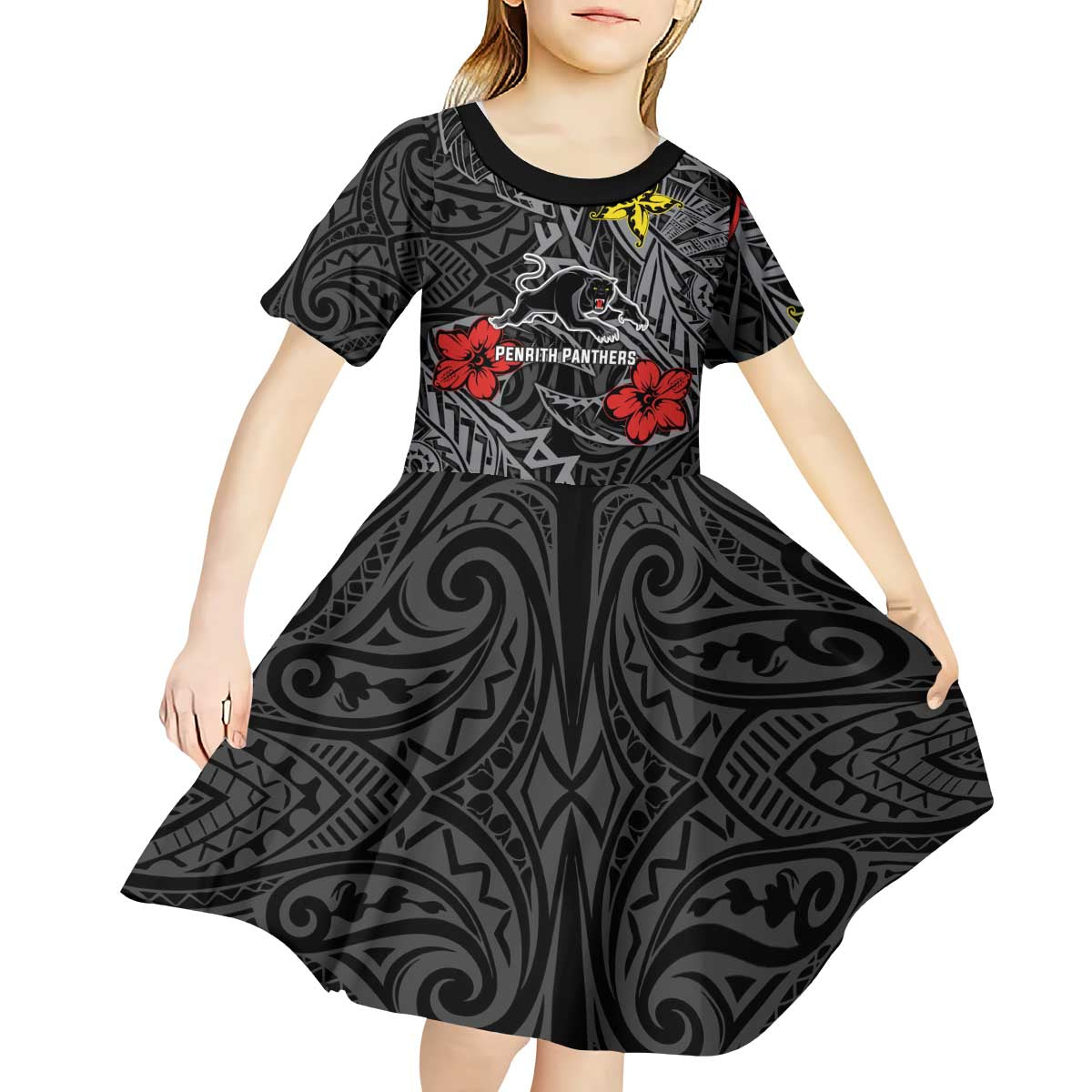 Personalised Penrith Panthers Kid Short Sleeve Dress Polynesian Tribal Pattern With Rugby Panther Mascot Art