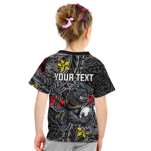 Personalised Penrith Panthers Kid T Shirt Polynesian Tribal Pattern With Rugby Panther Mascot Art