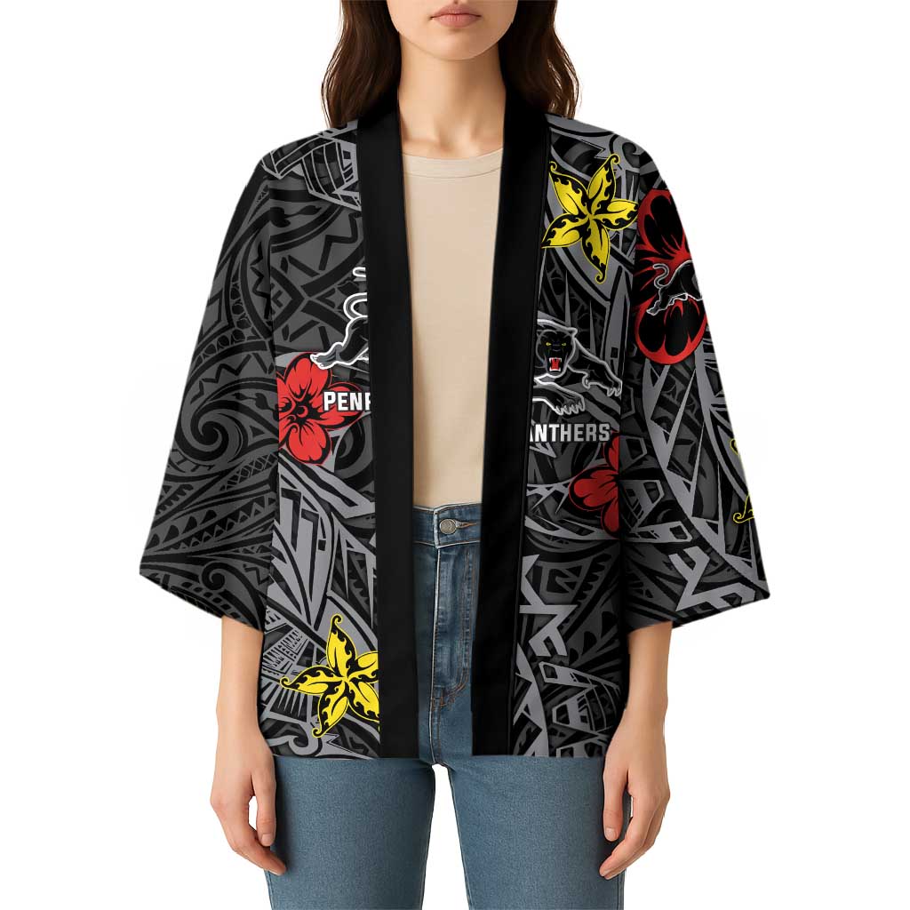 Personalised Penrith Panthers Kimono Polynesian Tribal Pattern With Rugby Panther Mascot Art