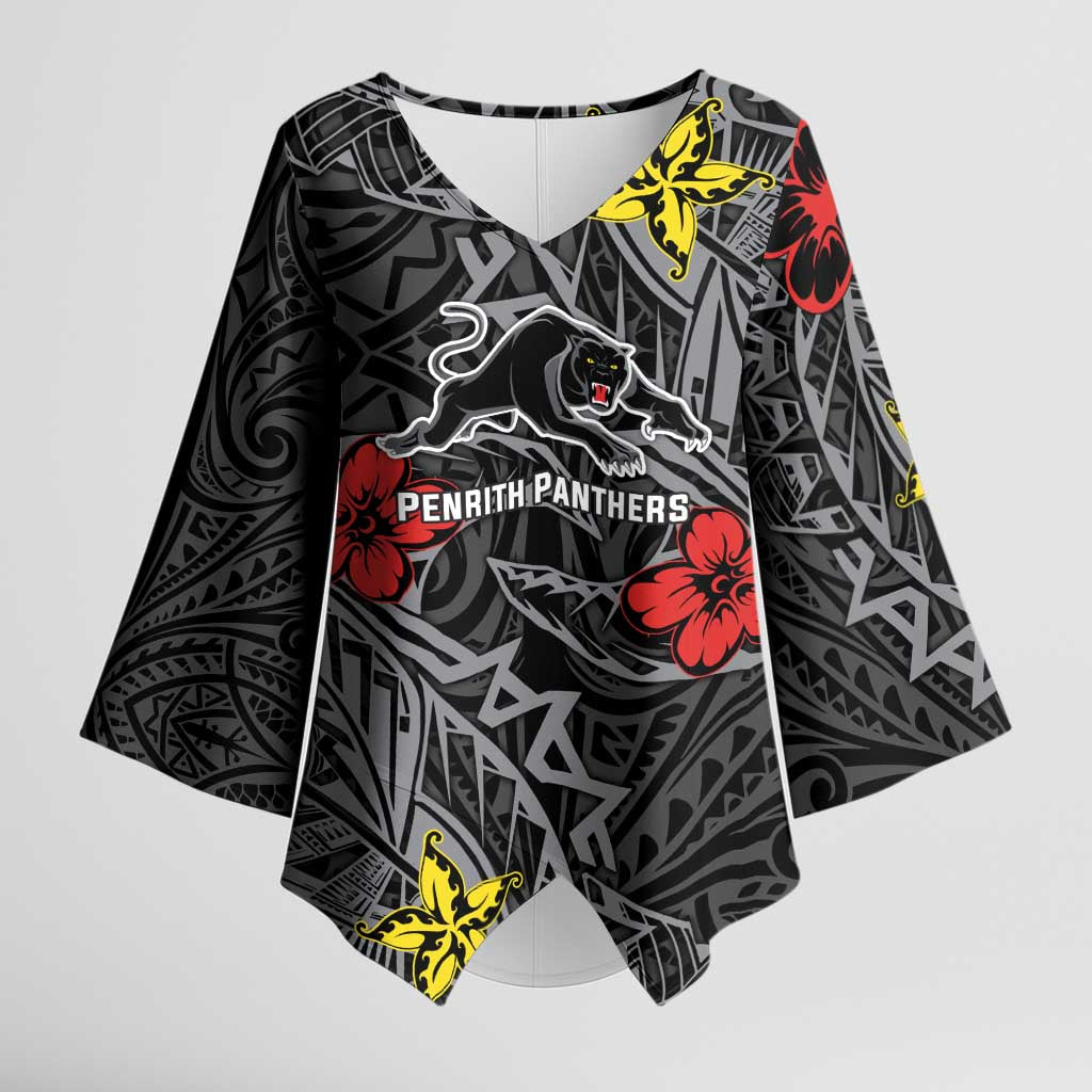 Personalised Penrith Panthers Kimono Sleeve Blouse Polynesian Tribal Pattern With Rugby Panther Mascot Art