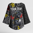 Personalised Penrith Panthers Kimono Sleeve Blouse Polynesian Tribal Pattern With Rugby Panther Mascot Art