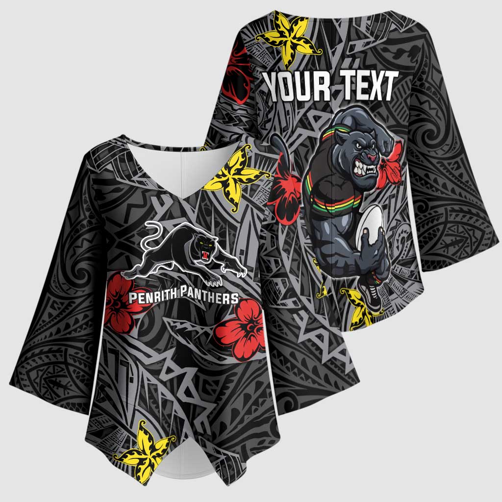 Personalised Penrith Panthers Kimono Sleeve Blouse Polynesian Tribal Pattern With Rugby Panther Mascot Art
