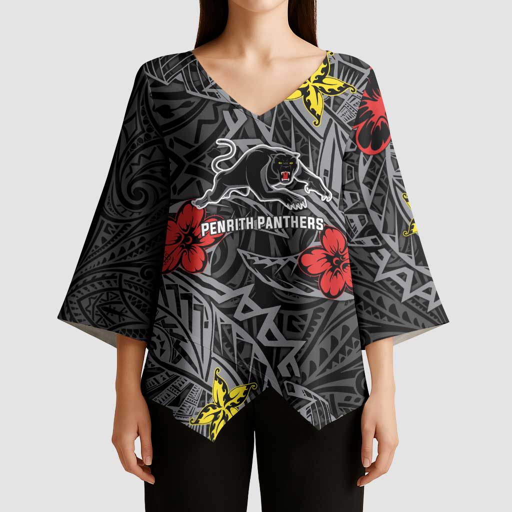 Personalised Penrith Panthers Kimono Sleeve Blouse Polynesian Tribal Pattern With Rugby Panther Mascot Art