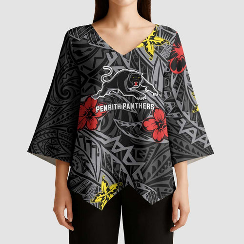 Personalised Penrith Panthers Kimono Sleeve Blouse Polynesian Tribal Pattern With Rugby Panther Mascot Art