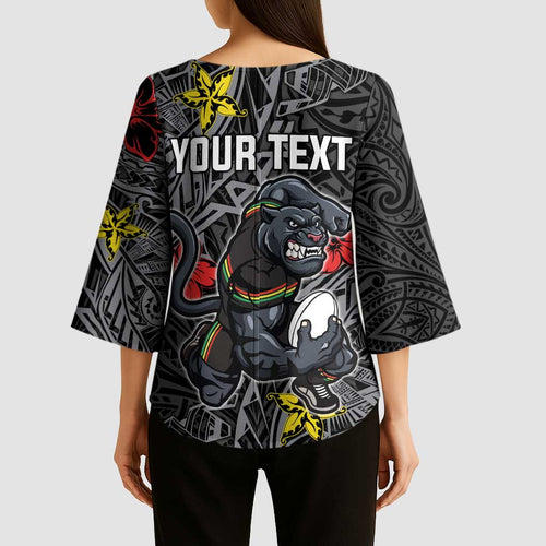 Personalised Penrith Panthers Kimono Sleeve Blouse Polynesian Tribal Pattern With Rugby Panther Mascot Art