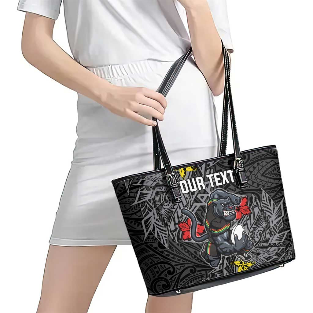 Personalised Penrith Panthers Leather Tote Bag Polynesian Tribal Pattern With Rugby Panther Mascot Art