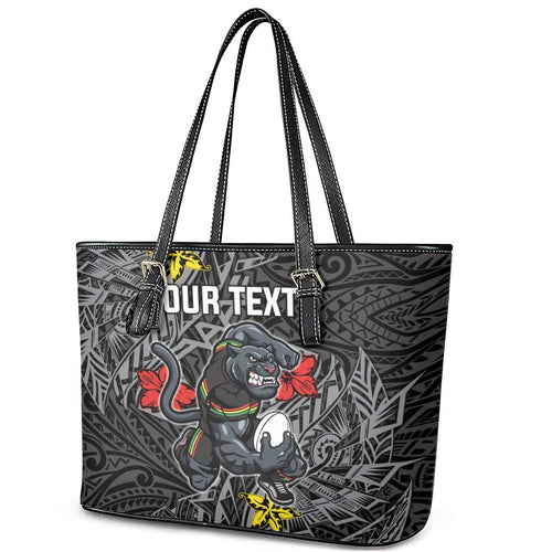 Personalised Penrith Panthers Leather Tote Bag Polynesian Tribal Pattern With Rugby Panther Mascot Art