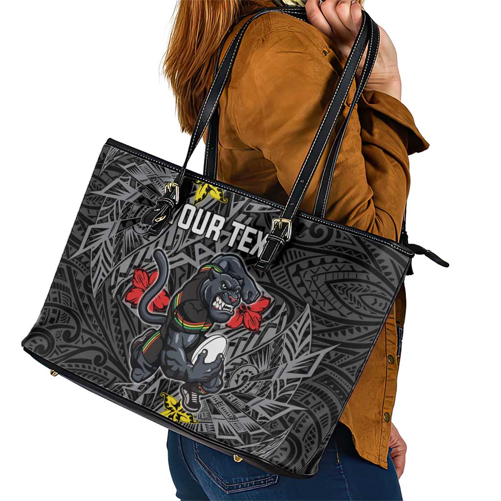 Personalised Penrith Panthers Leather Tote Bag Polynesian Tribal Pattern With Rugby Panther Mascot Art