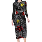 Personalised Penrith Panthers Long Sleeve Bodycon Dress Polynesian Tribal Pattern With Rugby Panther Mascot Art