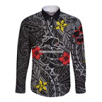 Personalised Penrith Panthers Long Sleeve Button Shirt Polynesian Tribal Pattern With Rugby Panther Mascot Art