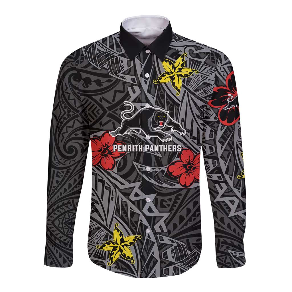 Personalised Penrith Panthers Long Sleeve Button Shirt Polynesian Tribal Pattern With Rugby Panther Mascot Art