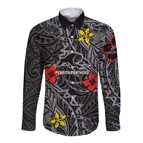 Personalised Penrith Panthers Long Sleeve Button Shirt Polynesian Tribal Pattern With Rugby Panther Mascot Art