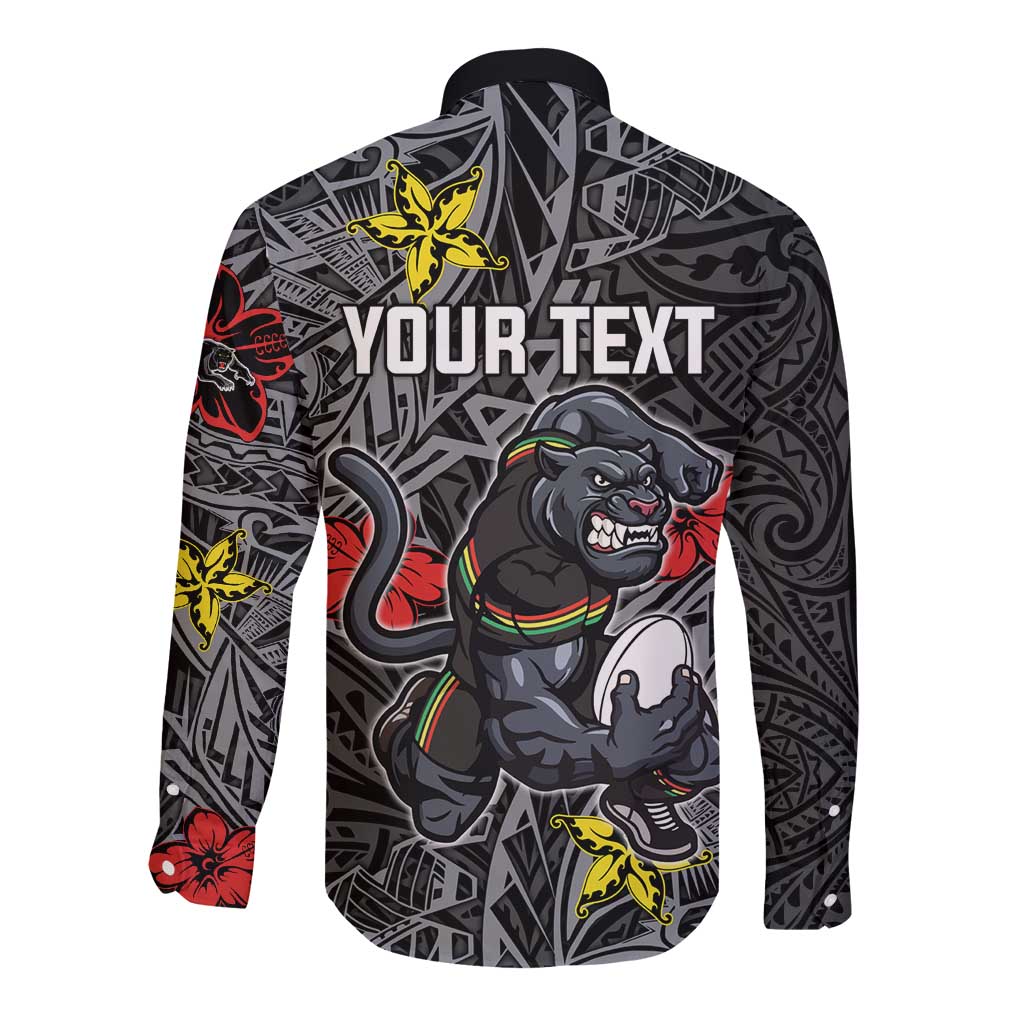 Personalised Penrith Panthers Long Sleeve Button Shirt Polynesian Tribal Pattern With Rugby Panther Mascot Art