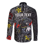 Personalised Penrith Panthers Long Sleeve Button Shirt Polynesian Tribal Pattern With Rugby Panther Mascot Art