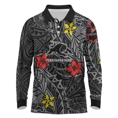 Personalised Penrith Panthers Long Sleeve Polo Shirt Polynesian Tribal Pattern With Rugby Panther Mascot Art