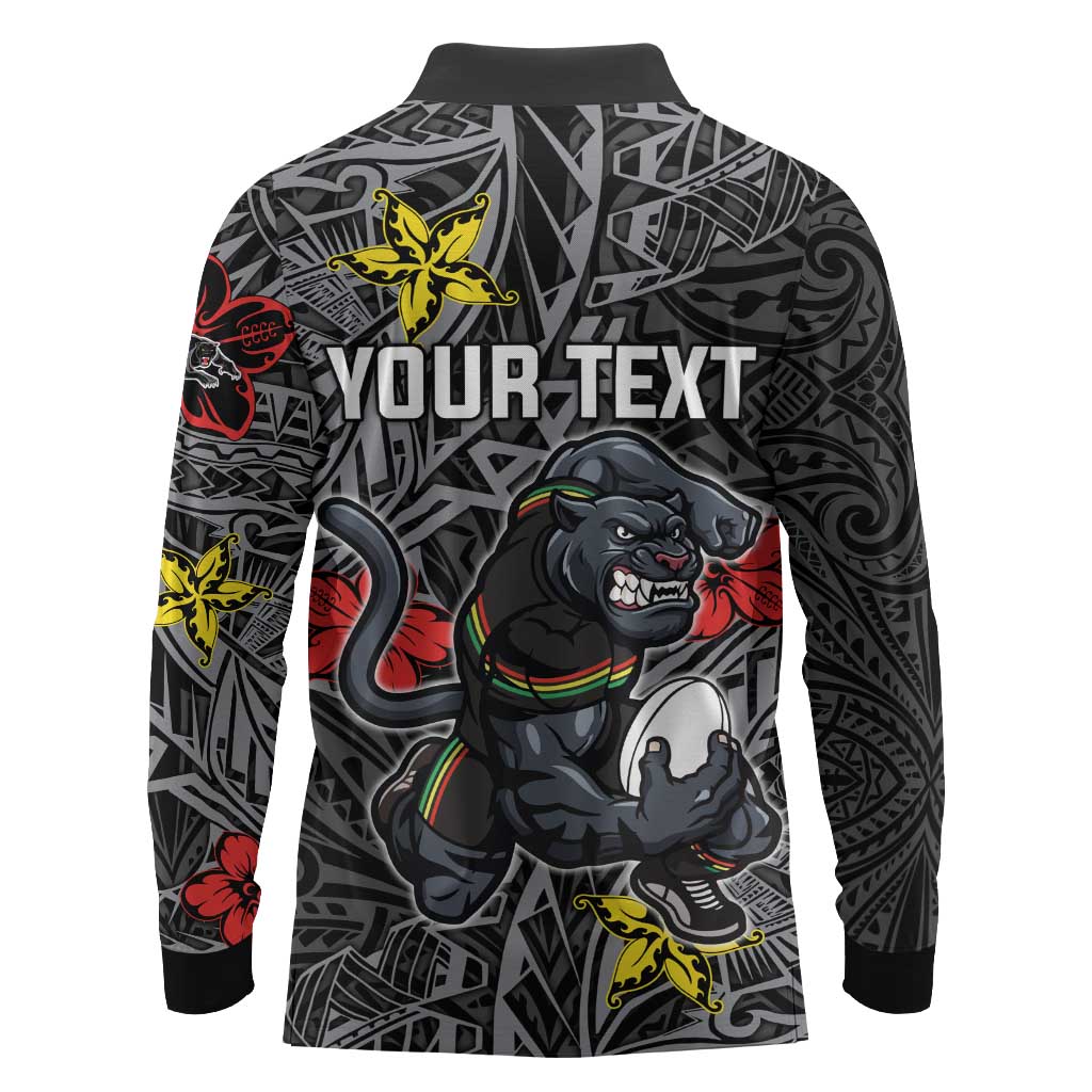 Personalised Penrith Panthers Long Sleeve Polo Shirt Polynesian Tribal Pattern With Rugby Panther Mascot Art