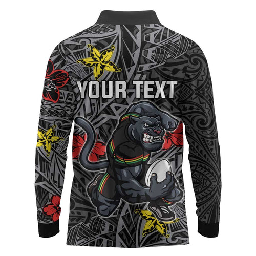 Personalised Penrith Panthers Long Sleeve Polo Shirt Polynesian Tribal Pattern With Rugby Panther Mascot Art