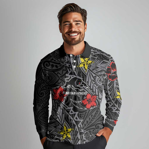 Personalised Penrith Panthers Long Sleeve Polo Shirt Polynesian Tribal Pattern With Rugby Panther Mascot Art