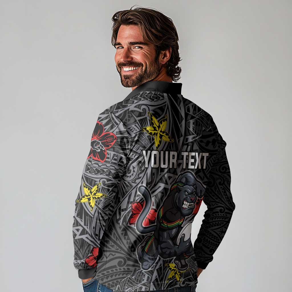 Personalised Penrith Panthers Long Sleeve Polo Shirt Polynesian Tribal Pattern With Rugby Panther Mascot Art