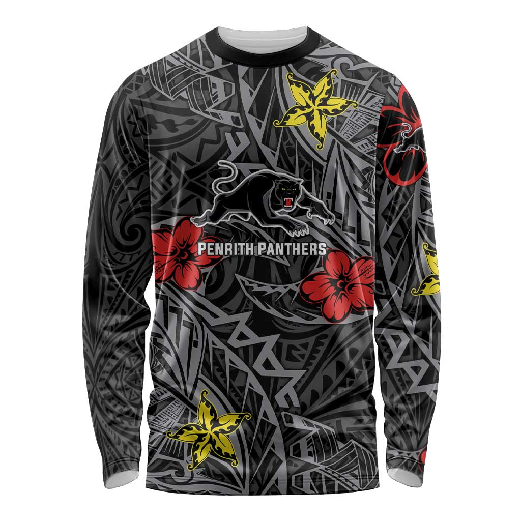 Personalised Penrith Panthers Long Sleeve Shirt Polynesian Tribal Pattern With Rugby Panther Mascot Art