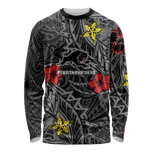 Personalised Penrith Panthers Long Sleeve Shirt Polynesian Tribal Pattern With Rugby Panther Mascot Art