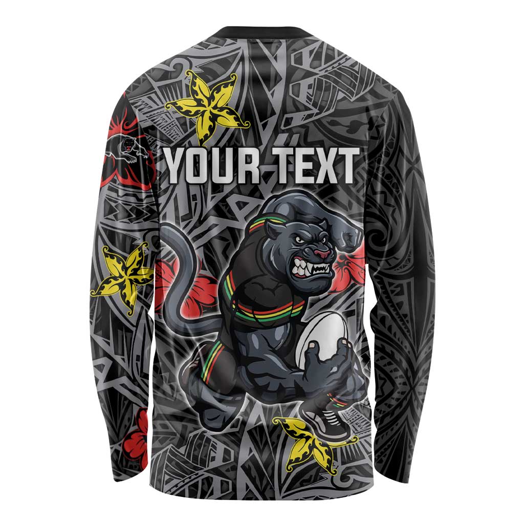 Personalised Penrith Panthers Long Sleeve Shirt Polynesian Tribal Pattern With Rugby Panther Mascot Art