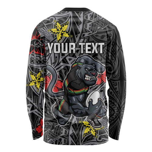 Personalised Penrith Panthers Long Sleeve Shirt Polynesian Tribal Pattern With Rugby Panther Mascot Art