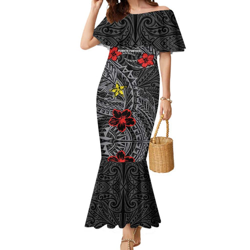 Personalised Penrith Panthers Mermaid Dress Polynesian Tribal Pattern With Rugby Panther Mascot Art