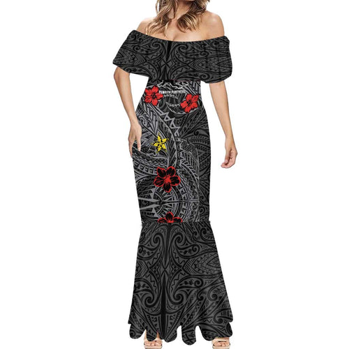 Personalised Penrith Panthers Mermaid Dress Polynesian Tribal Pattern With Rugby Panther Mascot Art
