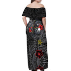 Personalised Penrith Panthers Off Shoulder Maxi Dress Polynesian Tribal Pattern With Rugby Panther Mascot Art