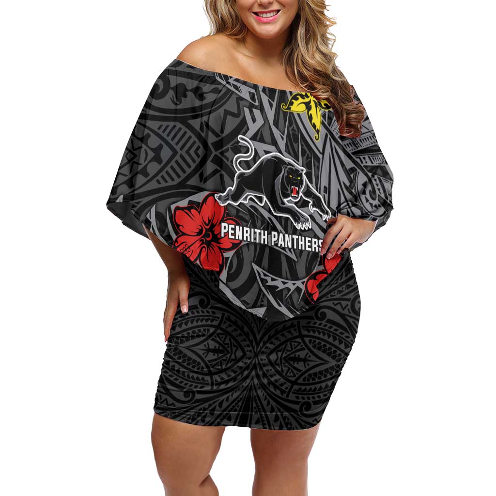 Personalised Penrith Panthers Off Shoulder Short Dress Polynesian Tribal Pattern With Rugby Panther Mascot Art