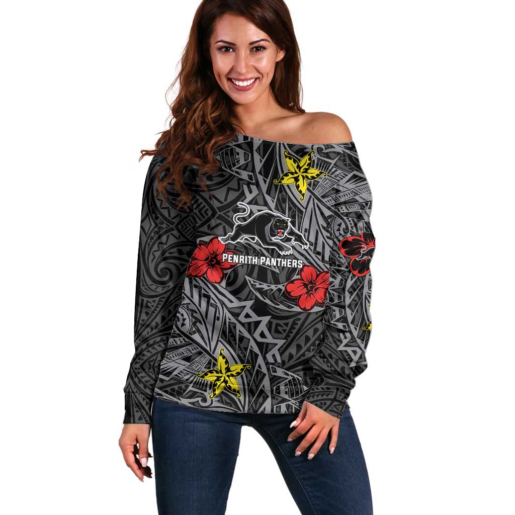 Personalised Penrith Panthers Off Shoulder Sweater Polynesian Tribal Pattern With Rugby Panther Mascot Art