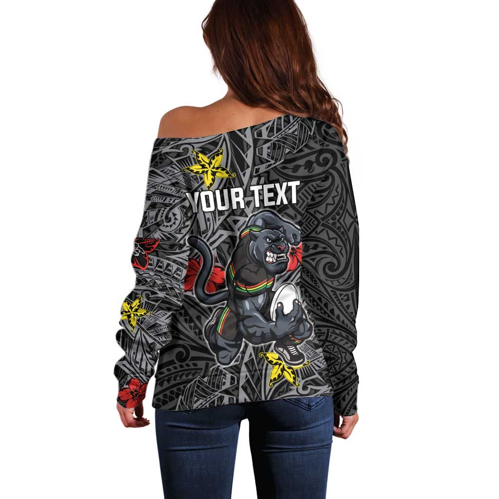 Personalised Penrith Panthers Off Shoulder Sweater Polynesian Tribal Pattern With Rugby Panther Mascot Art