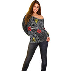 Personalised Penrith Panthers Off Shoulder Sweater Polynesian Tribal Pattern With Rugby Panther Mascot Art
