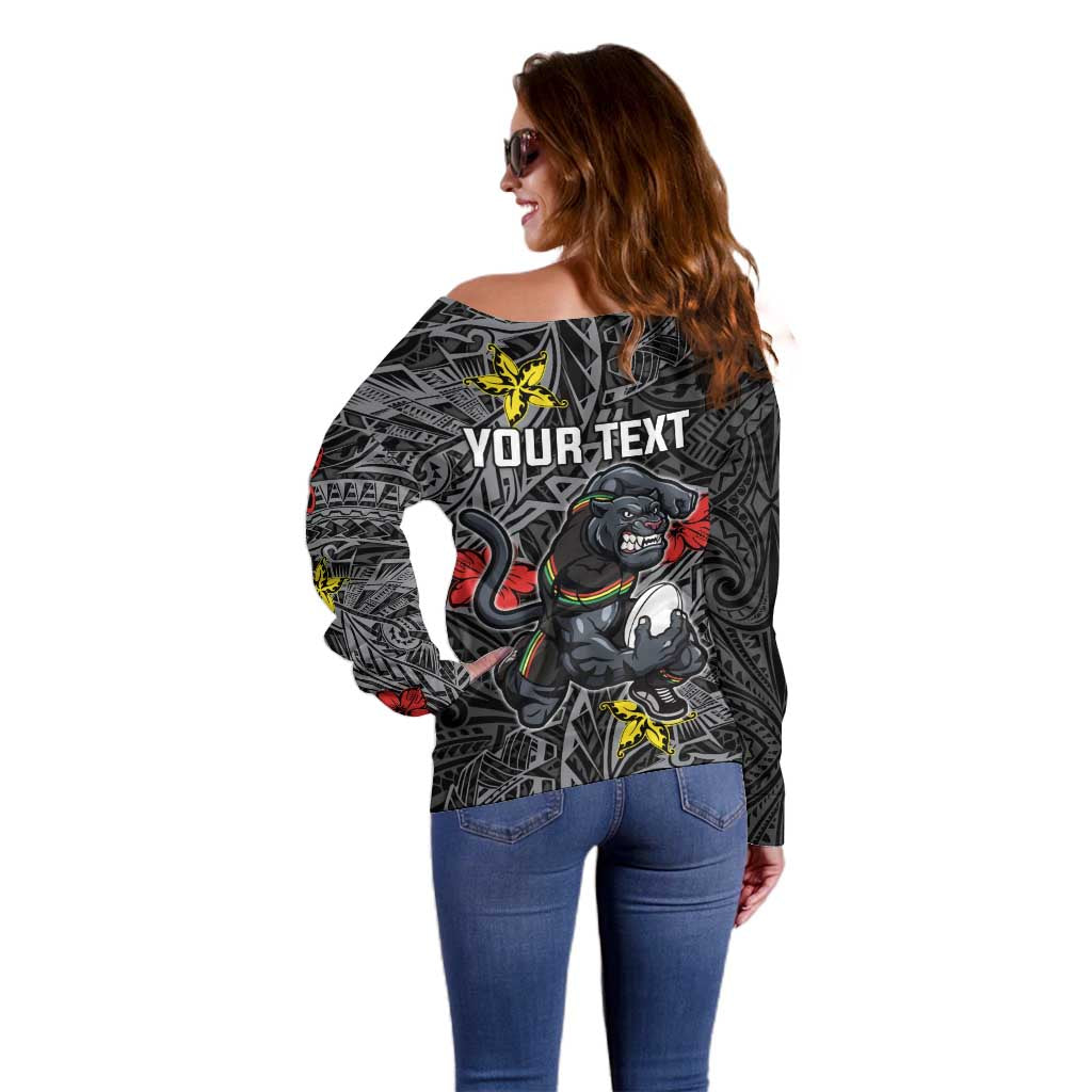 Personalised Penrith Panthers Off Shoulder Sweater Polynesian Tribal Pattern With Rugby Panther Mascot Art