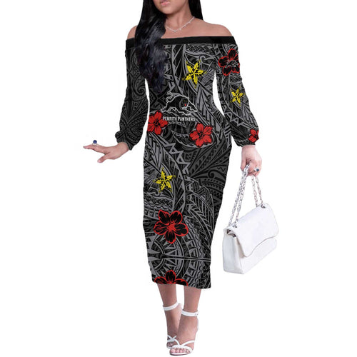 Personalised Penrith Panthers Off The Shoulder Long Sleeve Dress Polynesian Tribal Pattern With Rugby Panther Mascot Art