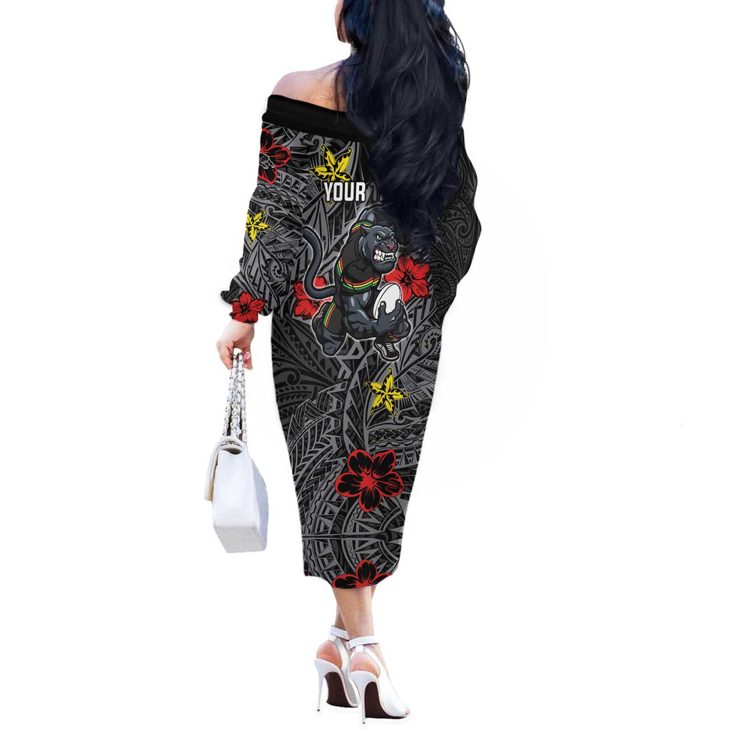 Personalised Penrith Panthers Off The Shoulder Long Sleeve Dress Polynesian Tribal Pattern With Rugby Panther Mascot Art