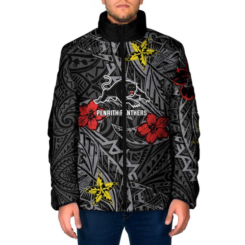 Personalised Penrith Panthers Padded Jacket Polynesian Tribal Pattern With Rugby Panther Mascot Art
