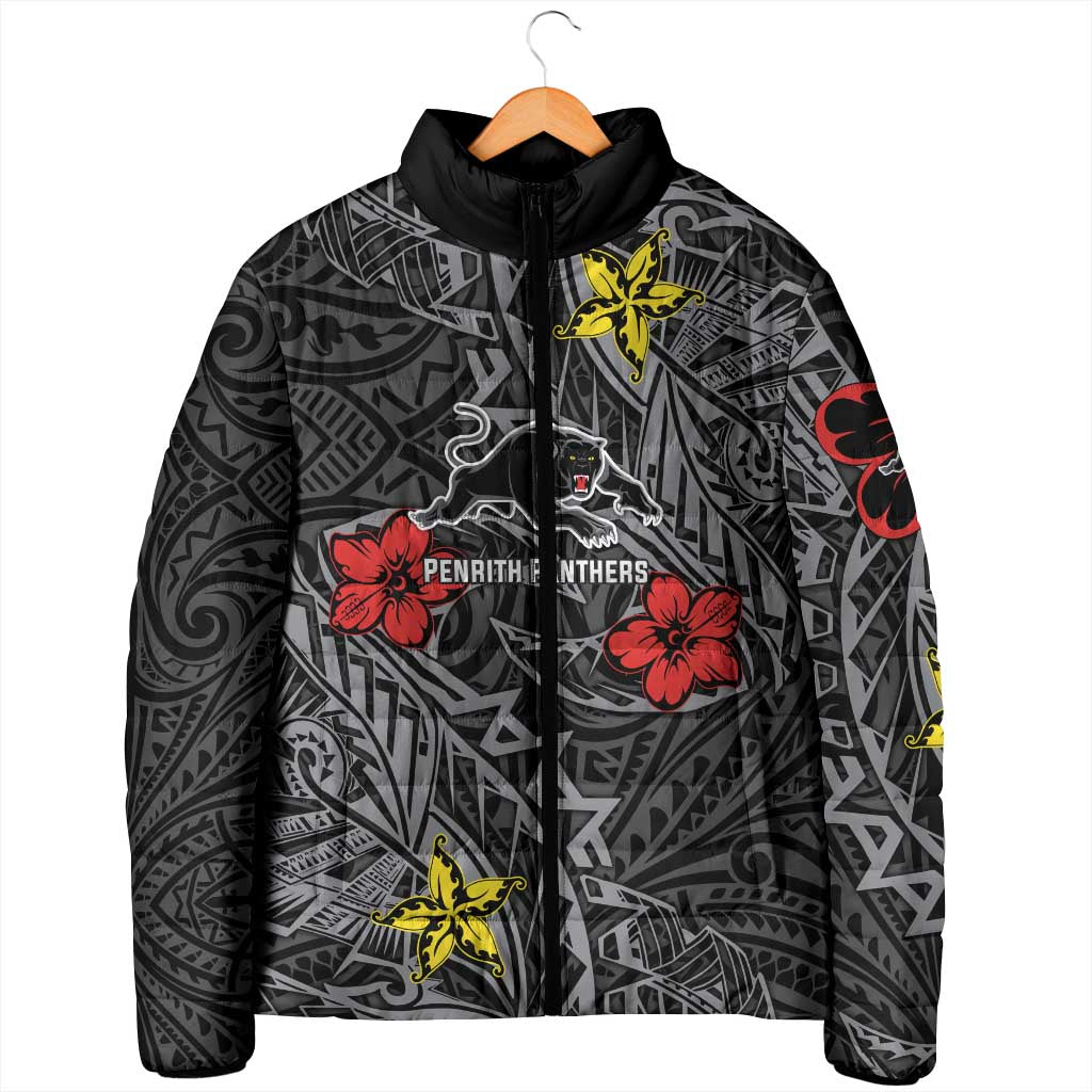 Personalised Penrith Panthers Padded Jacket Polynesian Tribal Pattern With Rugby Panther Mascot Art