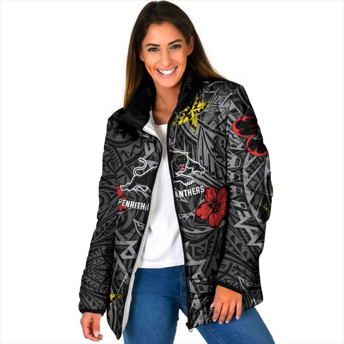 Personalised Penrith Panthers Padded Jacket Polynesian Tribal Pattern With Rugby Panther Mascot Art