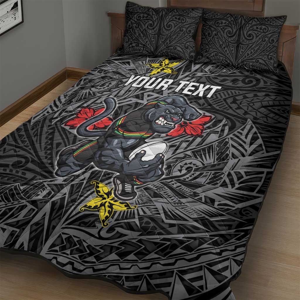 Personalised Penrith Panthers Quilt Bed Set Polynesian Tribal Pattern With Rugby Panther Mascot Art