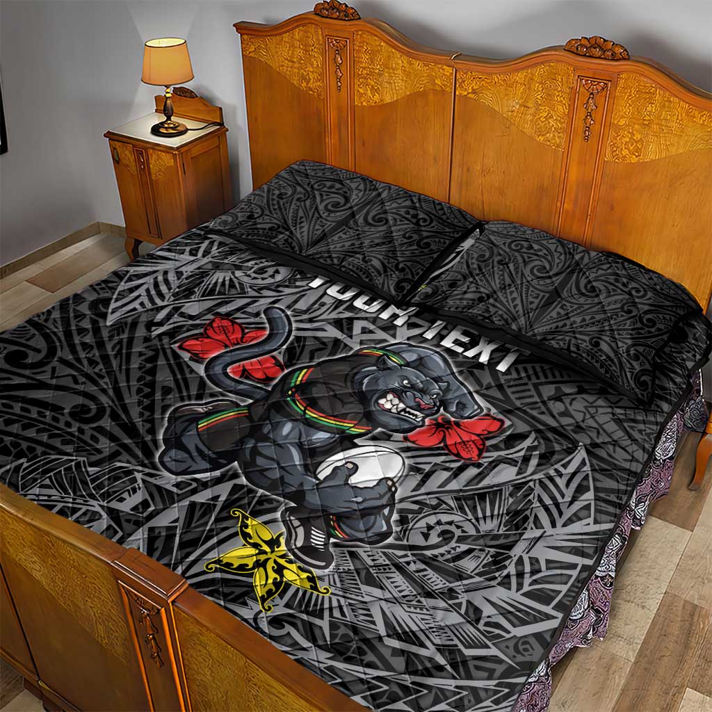Personalised Penrith Panthers Quilt Bed Set Polynesian Tribal Pattern With Rugby Panther Mascot Art