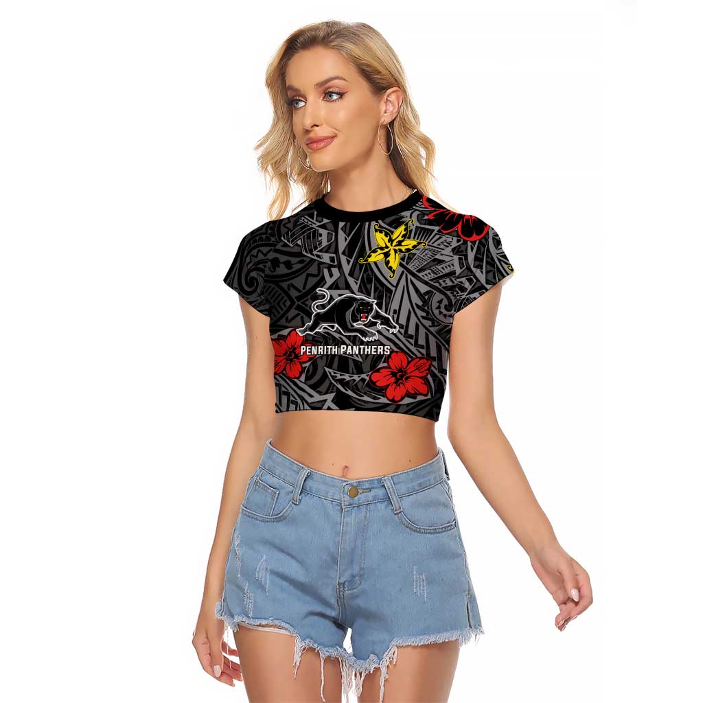 Personalised Penrith Panthers Raglan Cropped T Shirt Polynesian Tribal Pattern With Rugby Panther Mascot Art