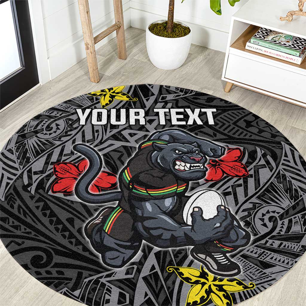 Personalised Penrith Panthers Round Carpet Polynesian Tribal Pattern With Rugby Panther Mascot Art