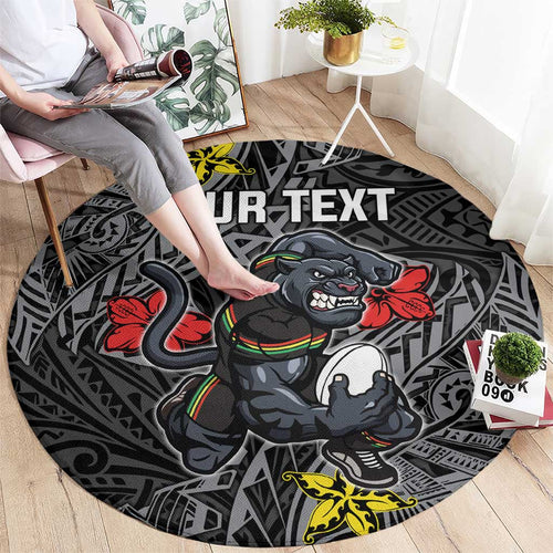 Personalised Penrith Panthers Round Carpet Polynesian Tribal Pattern With Rugby Panther Mascot Art