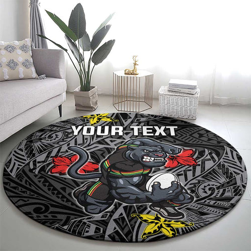 Personalised Penrith Panthers Round Carpet Polynesian Tribal Pattern With Rugby Panther Mascot Art
