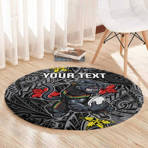Personalised Penrith Panthers Round Carpet Polynesian Tribal Pattern With Rugby Panther Mascot Art